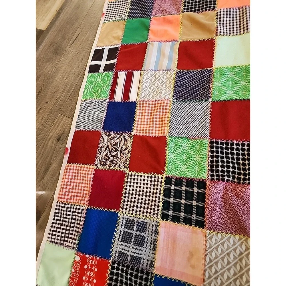 Vtg 60s 70s Patchwork squares Quilt Handmade Colorful Blanket 90